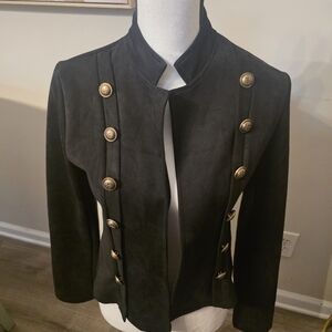 Black Military-Style Women's Jacket with Gold Buttons-Suede